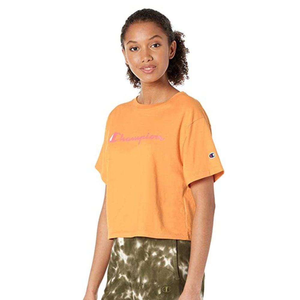 Women's Champion Cropped Tee with Script Logo, Orange with pink XX-Large
